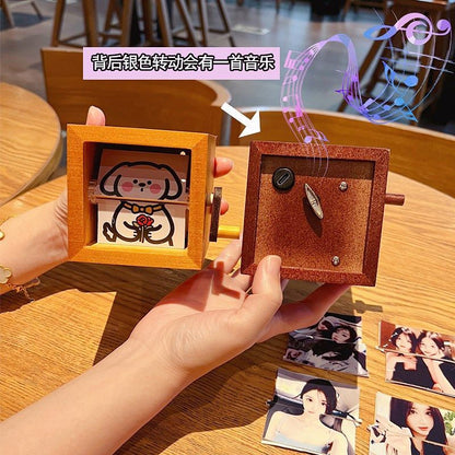 Mechanical Hand-Crank Dynamic Photo Album Photo Luminous Music Box Solid Wood Handmade Creative Custom Anniversary Gift