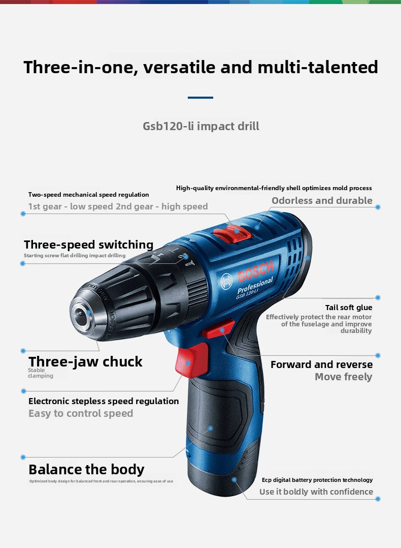 Bosch GSB120LI Cordless Impact Drill Household Multi-Function Lithium Battery Lightweight Hand Drill High Power Professional