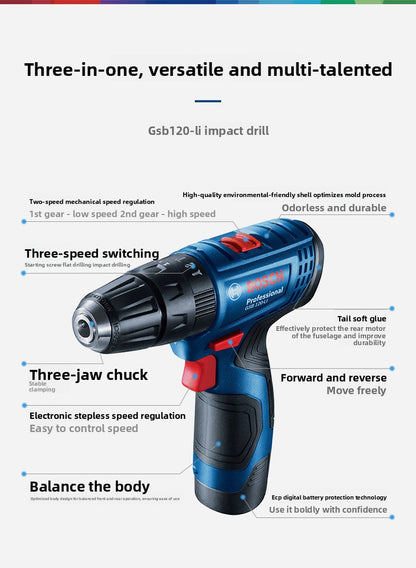 Bosch GSB120LI Cordless Impact Drill Household Multi-Function Lithium Battery Lightweight Hand Drill High Power Professional