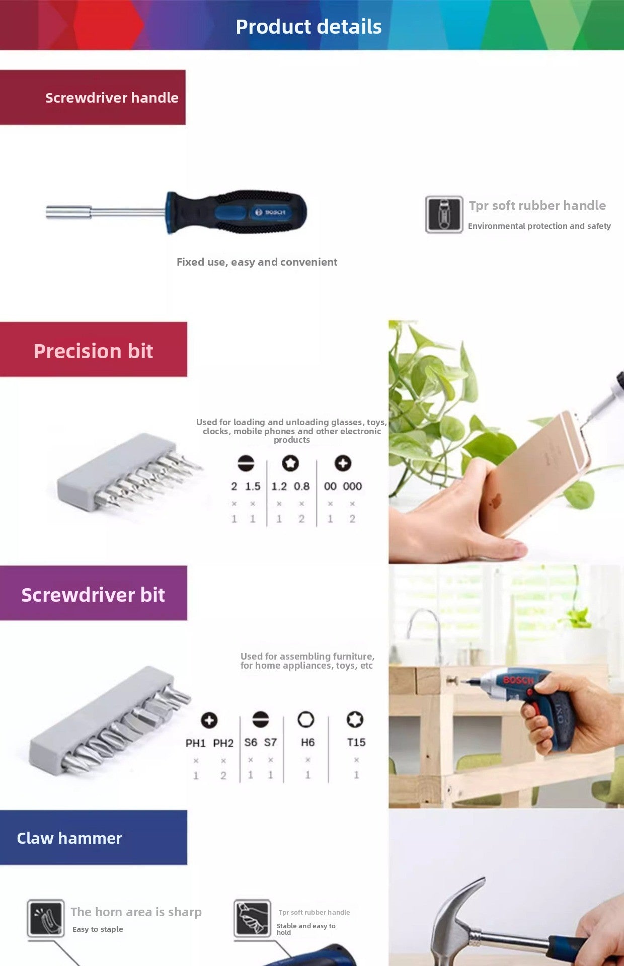 Bosch Multifunctional Household Repair Hardware Tool Set Electrician Carpenter Multifunctional Special Repair 108-Piece Set